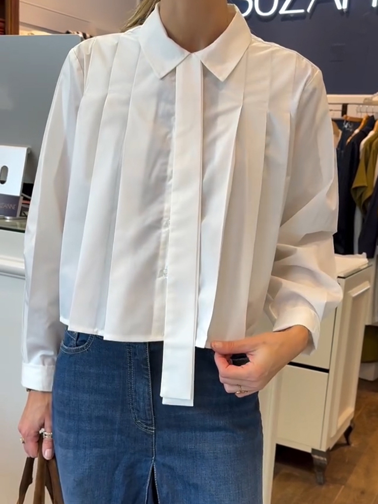 Women Collared Pleated Top + Jeans Casual Suit