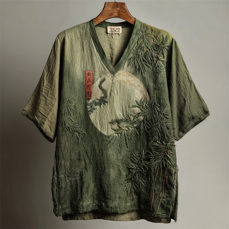 Japanese Bamboo Forest Full Moon Embroidered Gradient Linen Shirt