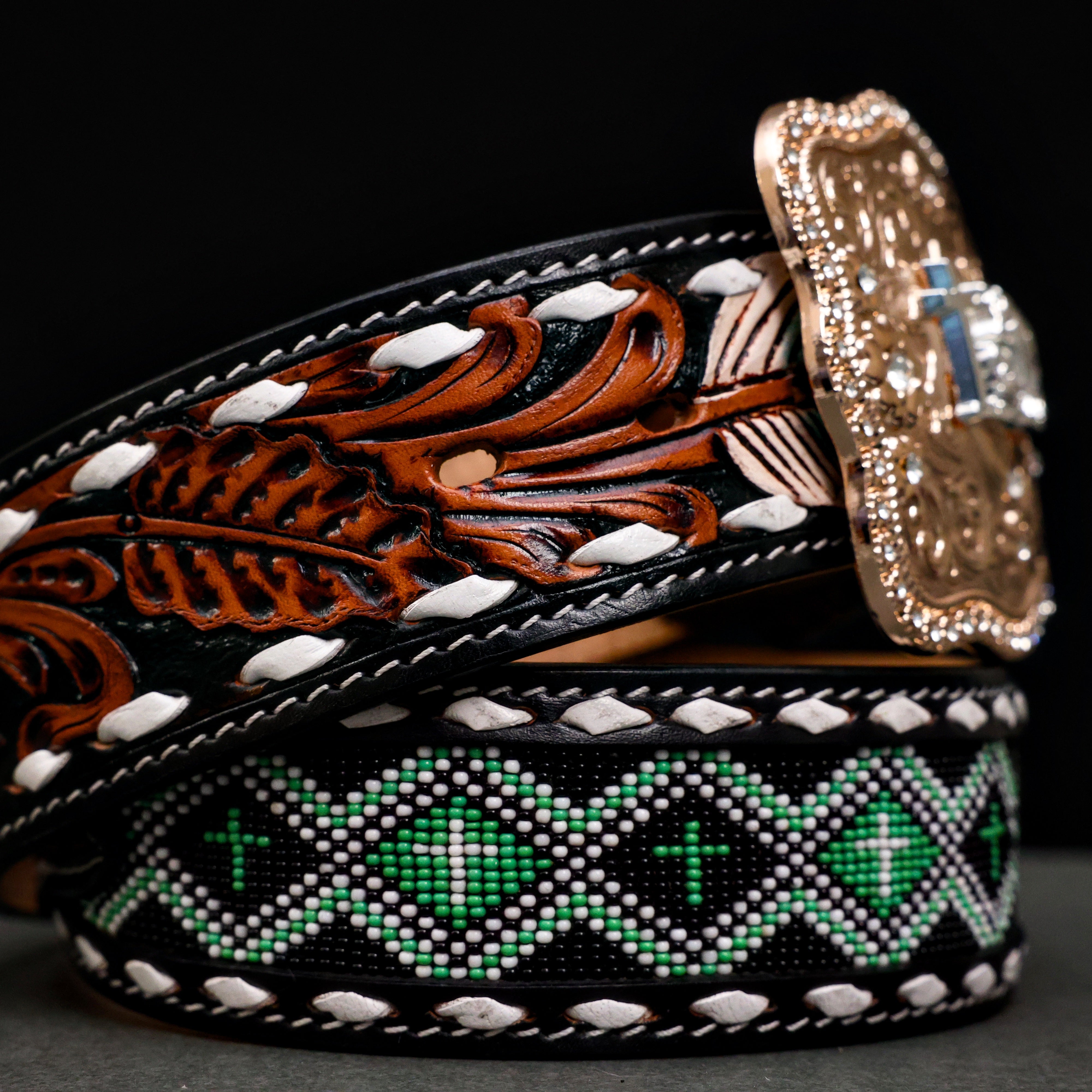 2 Inch Hand-Tooled Artesanal Beaded Leather Belt