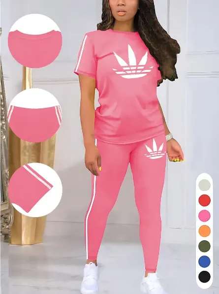 Women's Printed Casual Sporty Round Neck Drawstring Short Sleeve and Long Pants Two-Piece Set