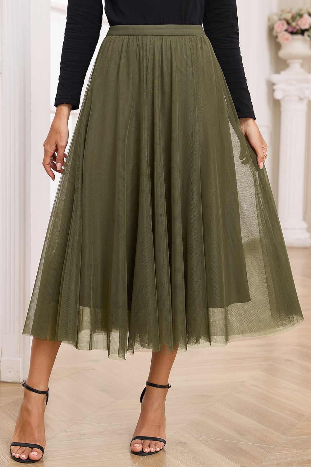 Jungle Green Tulle Mesh Overlay Flared Midi Skirt