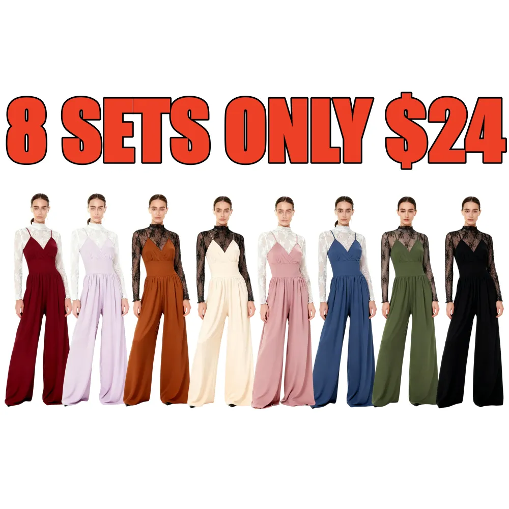 Women's Solid Color Lettuce Trim Mock Neck Sheer Lace Top & Pocket Wide Leg Cami Jumpsuit