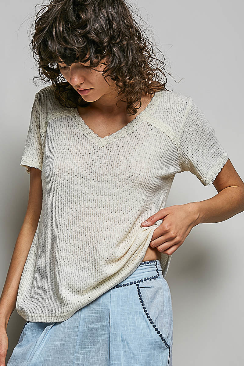 POL Lace Detail V-Neck Short Sleeve Textured T-Shirt