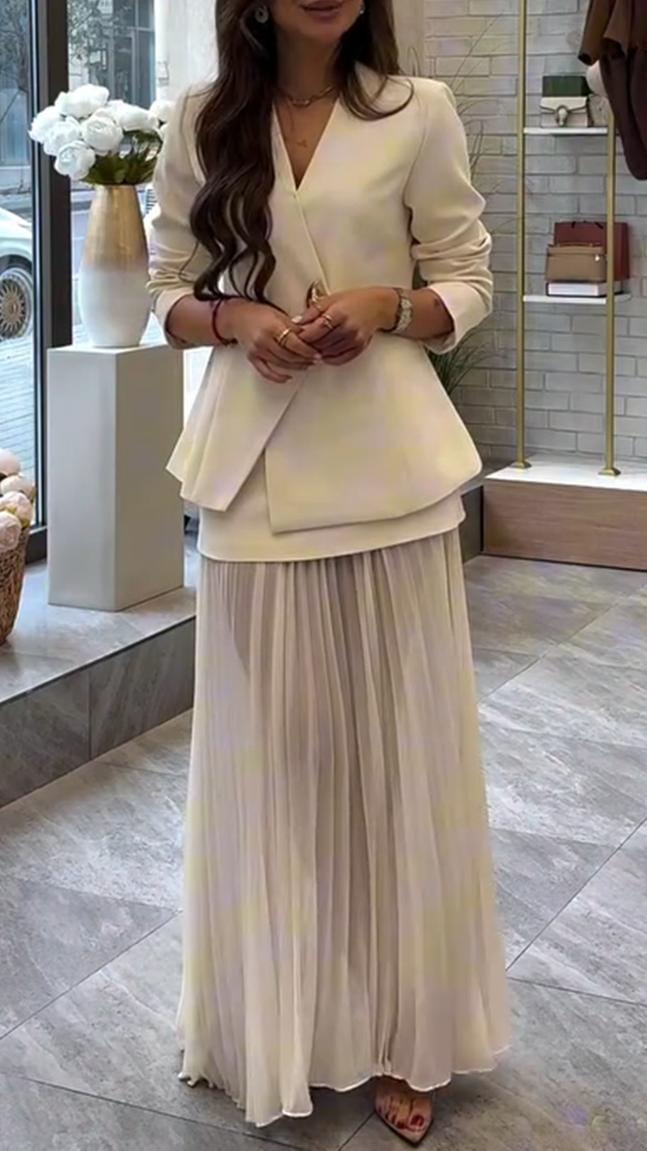 Women V-neck Jacket+ Patchwork Skirt Casual Set with Temperament