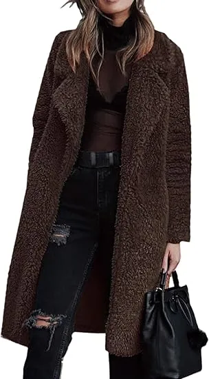 Women's Fuzzy Fleece Lapel Open Front Long Cardigan Coat Faux Fur Warm Winter Outwear Jackets Clothing Set