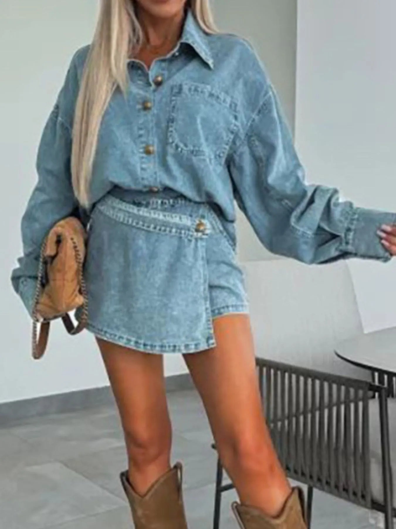 Button-Front Shirt and Mini Skirt Oversized Denim Set