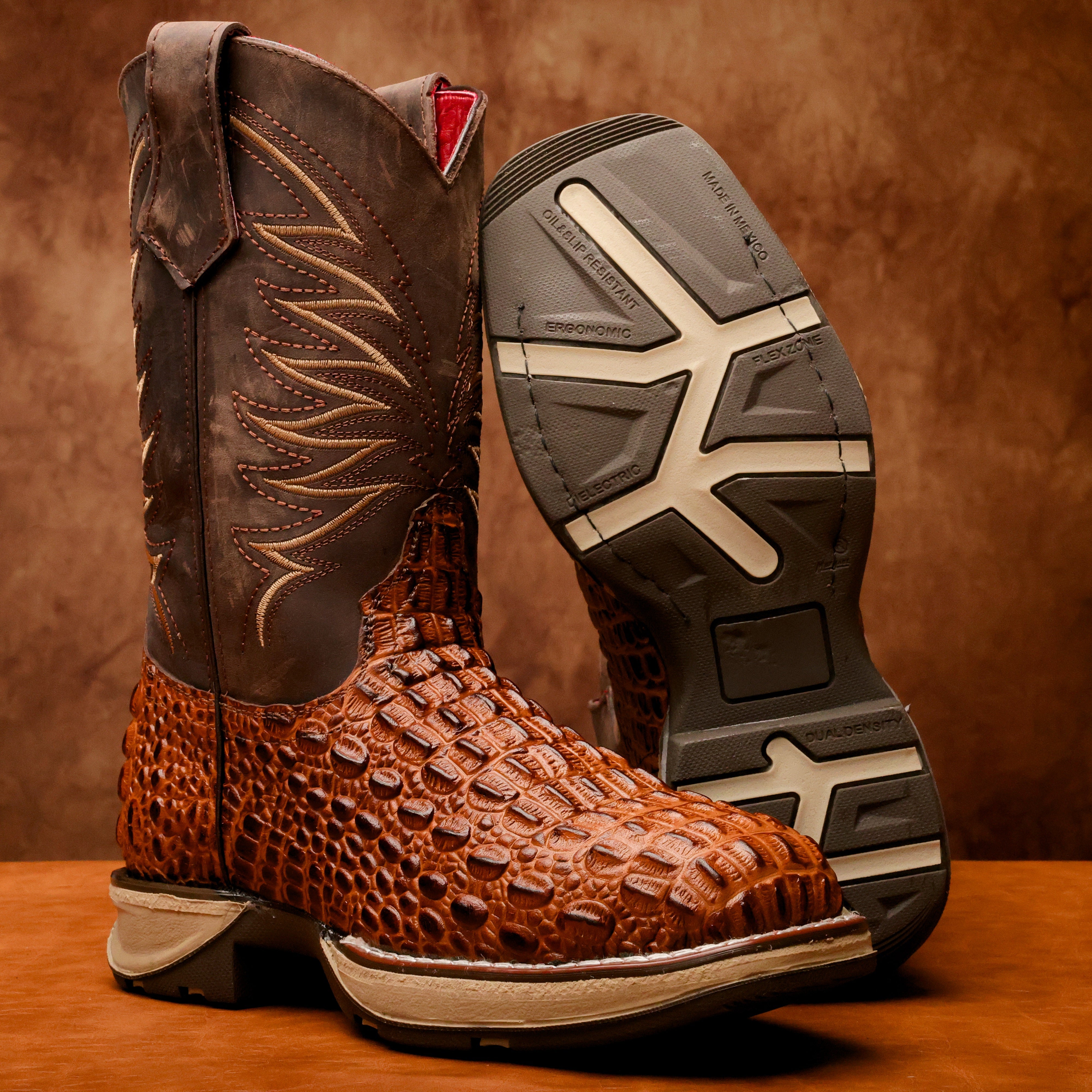 Cognac Caiman Hornback Leather Boots With 3D Lightweight Sole - Composite Toe