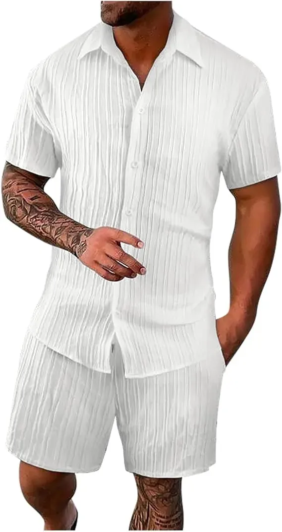 Men'S Solid Textured Short Sleeve Button Front Shirt & Pocket Drawstring Waist Shorts Two-Piece Set, Casual Summer Outfits Clothes Set For Men, Sets For Men Clothing, Menswear,  Summer Outfits Set