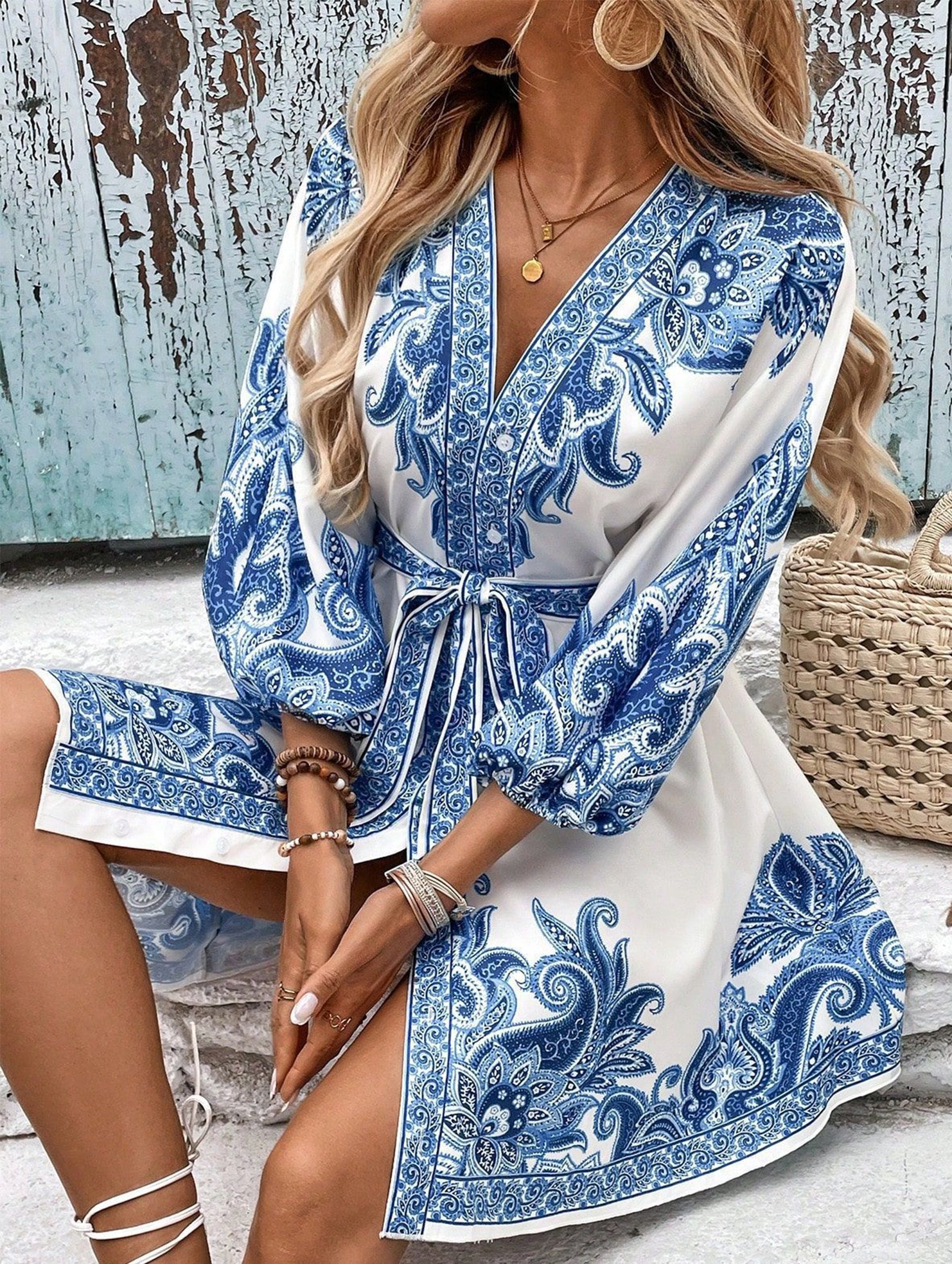 Tie Waist Print Midi Dress