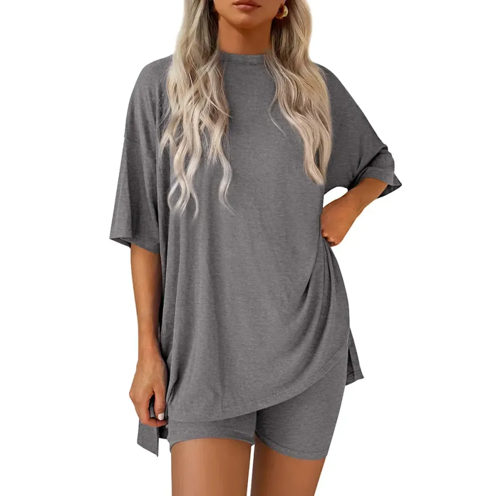 Crewneck Two-Piece Set For Women Summer Casual Oversized Split Hem Shirts