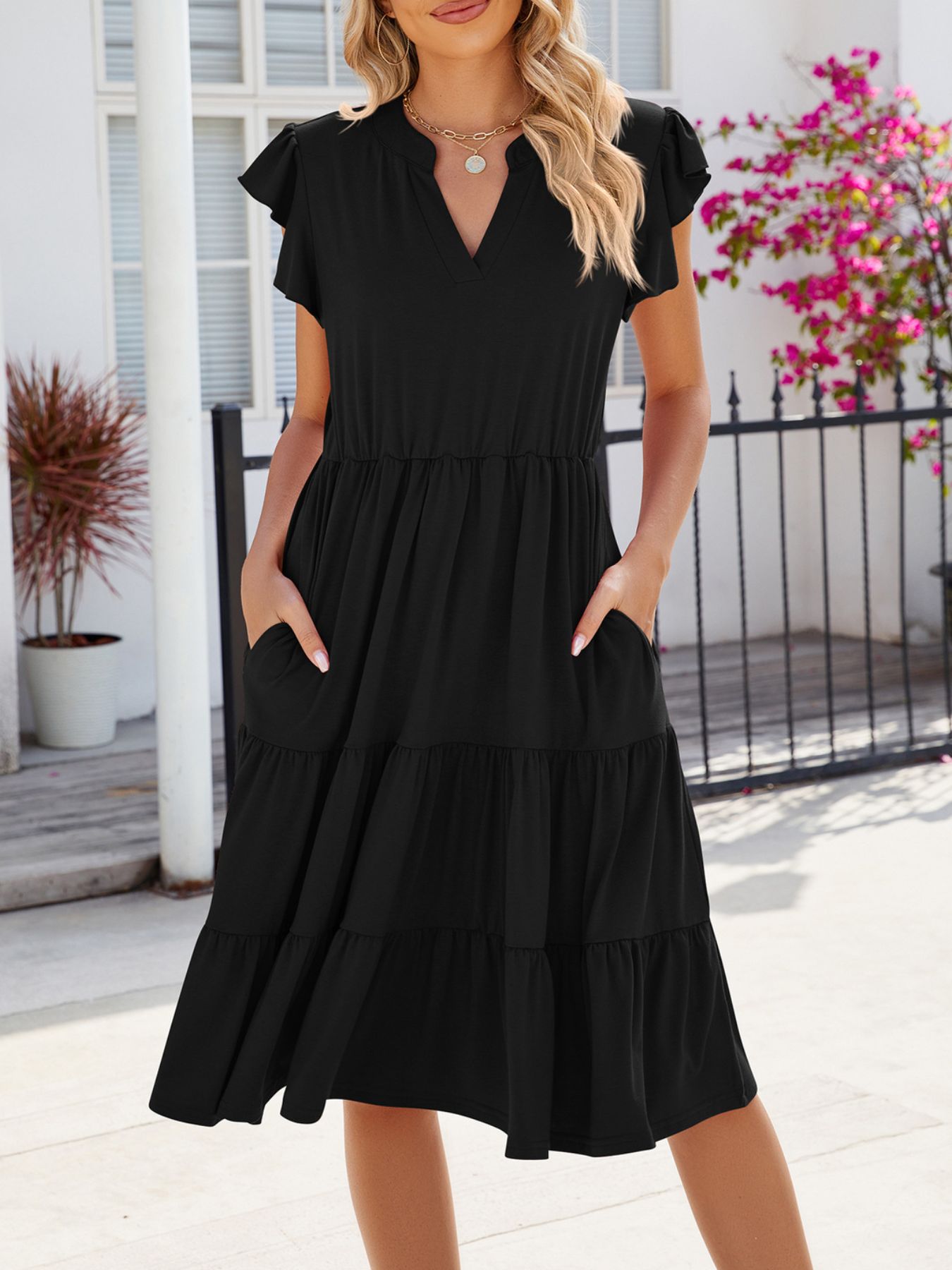 Ruffled Notched Tiered Midi Dress