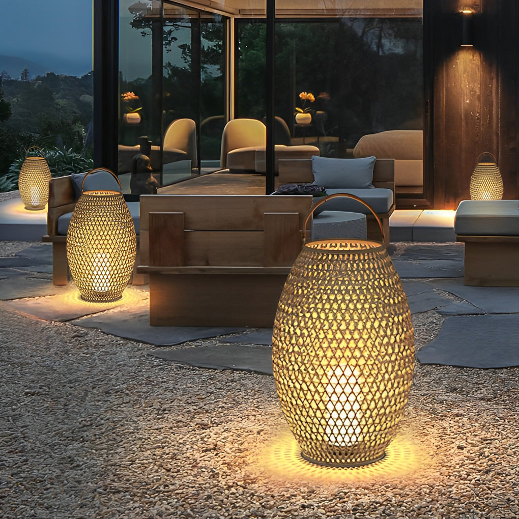 Portable Bamboo Rattan Lanterns Shape Waterproof LED Modern Lawn Light