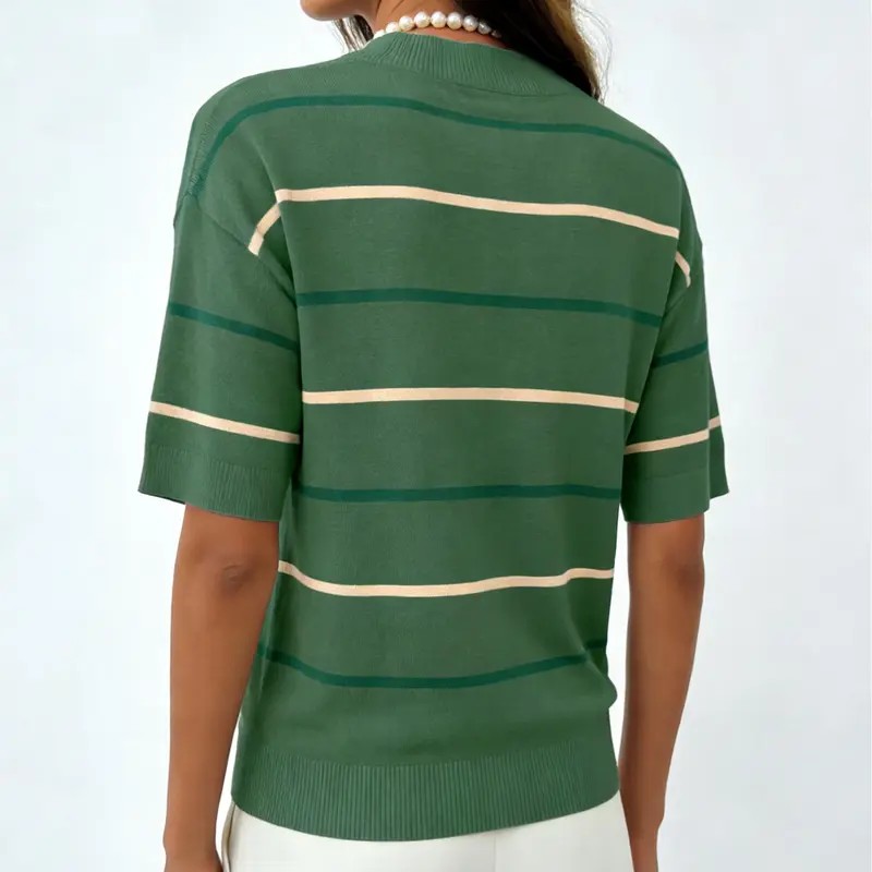 2026 Spring/Summer Women's Short Sleeve Striped Sweatshirt - Soft Breathable Fabric Crew Neck Pullover Top for Daily Wear