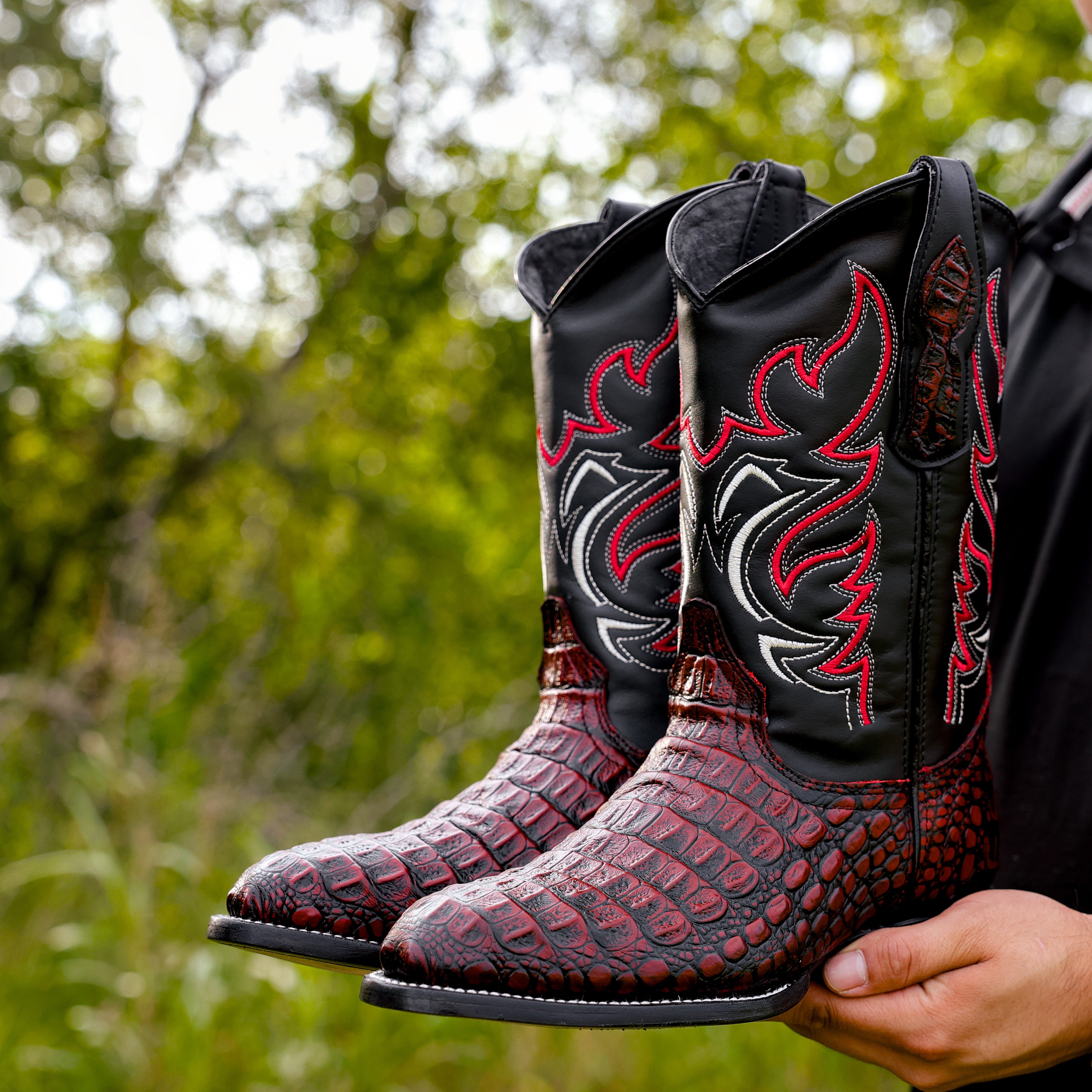 Black Cherry Caiman Hornback Leather Boots - Round Toe