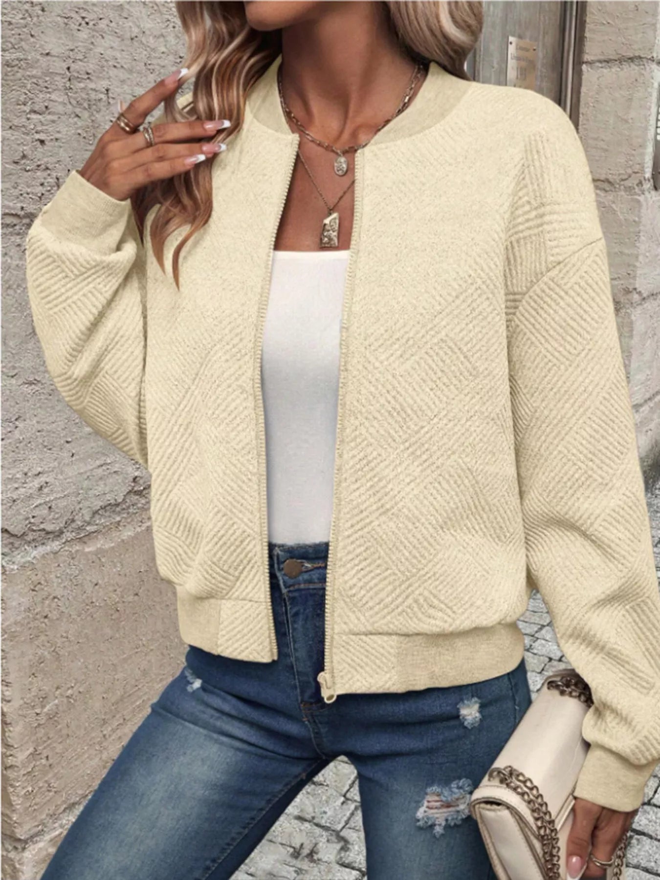 Textured Knit Zip-Up Bomber Jacket