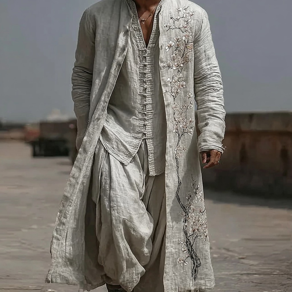 Men's Japanese-style Cherry Blossom Art Long Kimono