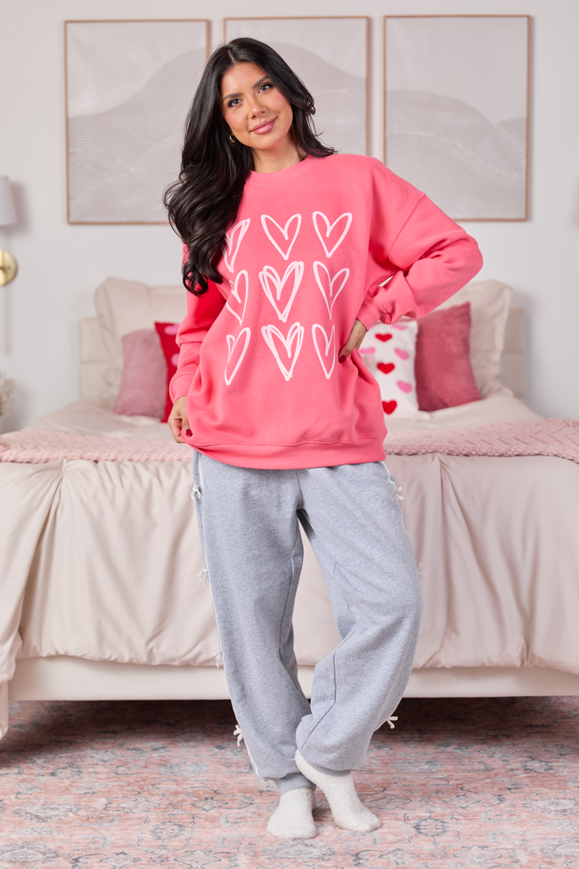 Sketched Hearts Light Red Graphic Sweatshirt