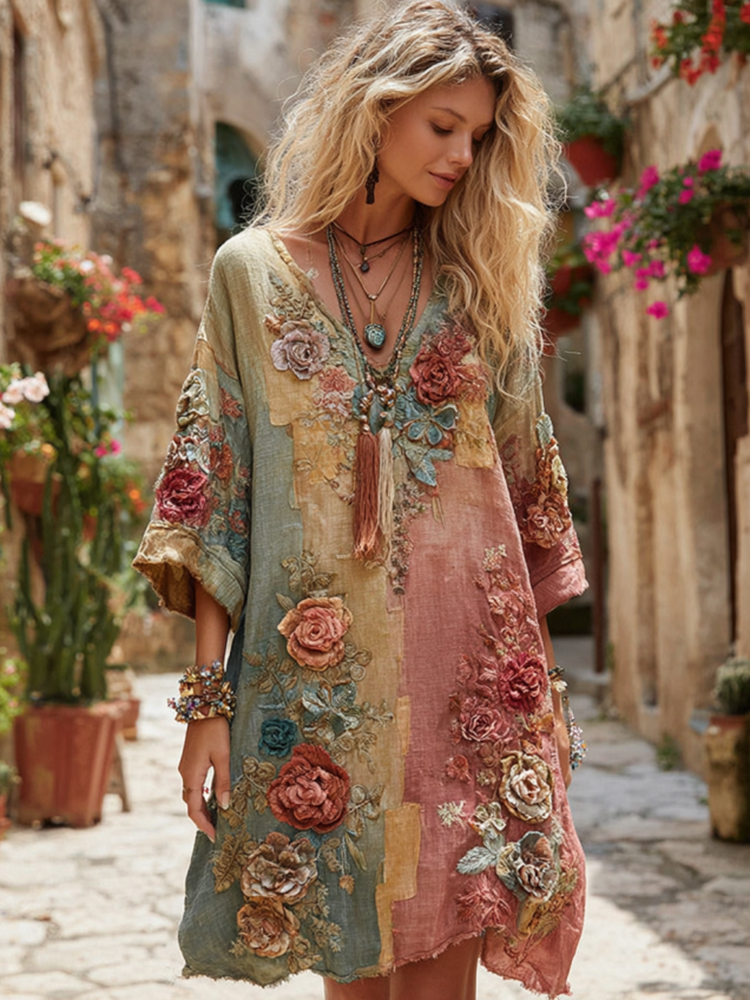 The Ice Cream Collection Women's Classic Bohemian Floral And Rose Gradient Art Linen Long Sleeve Midi Dress