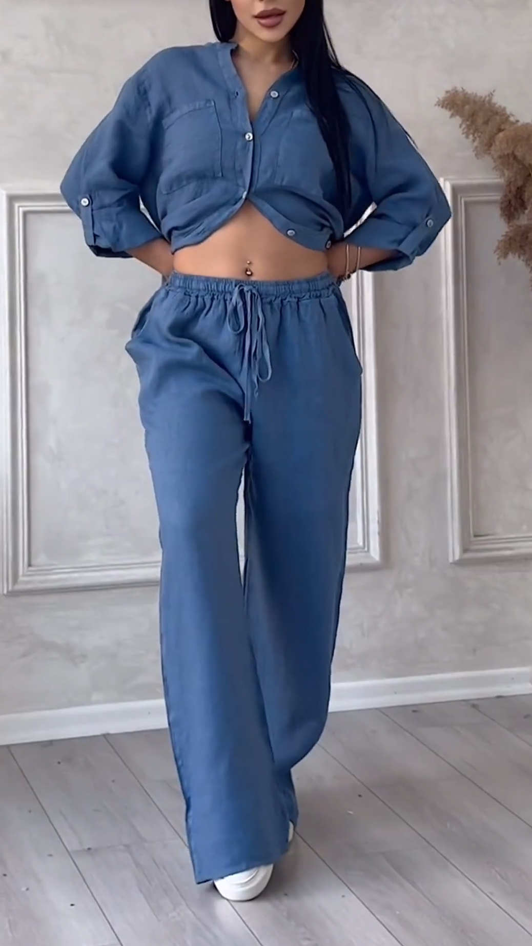 Women's V-neck Cotton and Linen Casual Suit