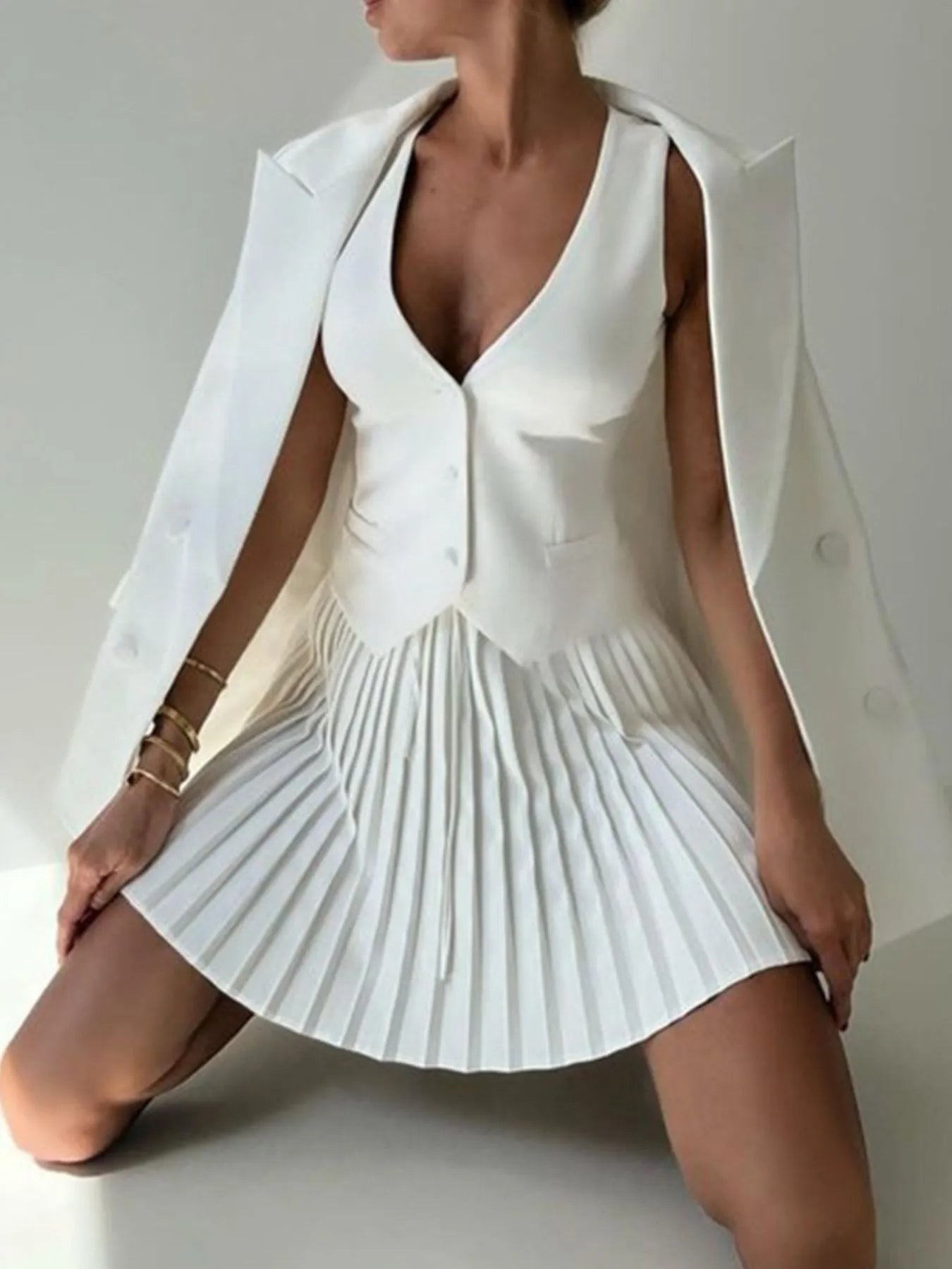 Button Up Vest and Pleated Mini Skirt Set