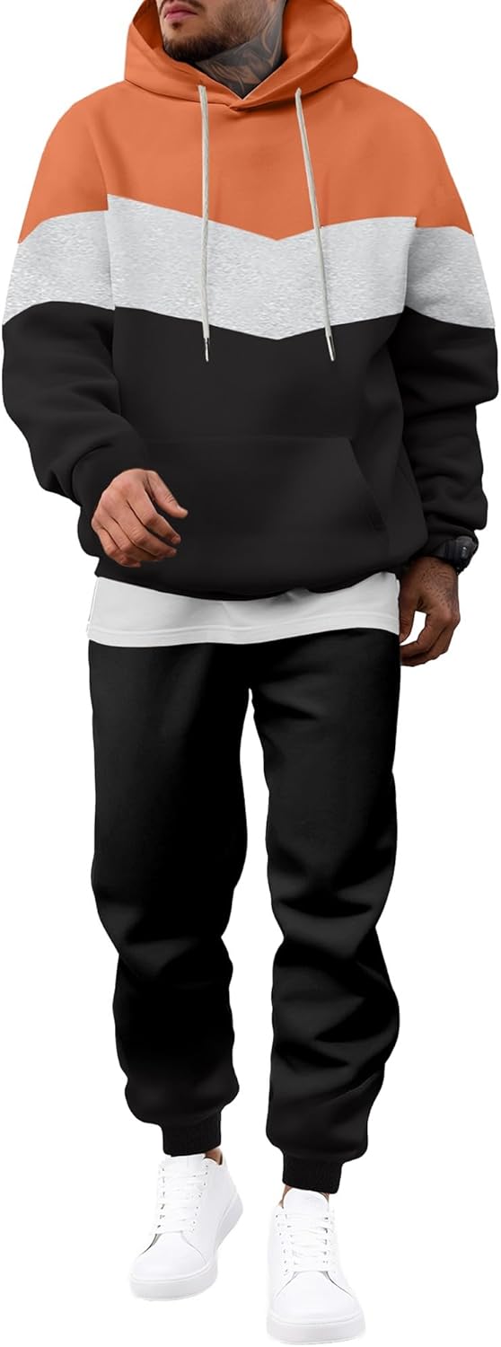 Men's Hoodie Tracksuit 2 Pieces Set Novelty Color Block Pullover Fleece Hoodies Long Sleeve Casual Sweatshirt