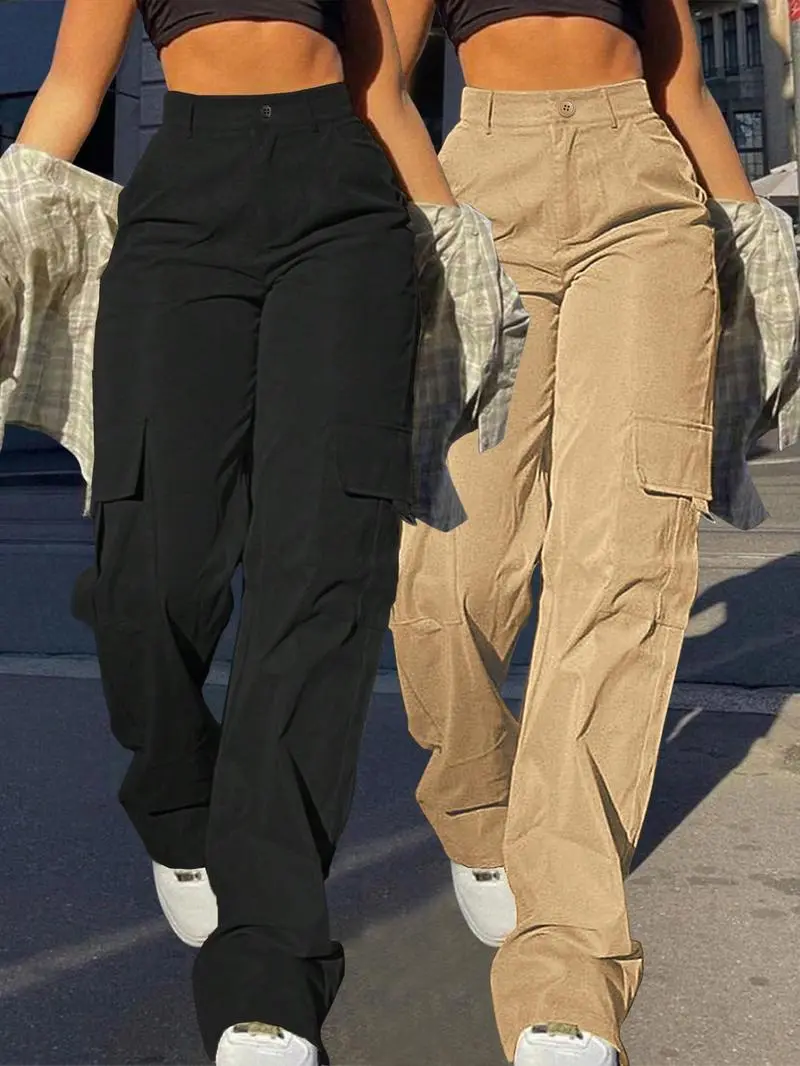 Women's Plain Flap Pocket Button High Waist Cargo Pants