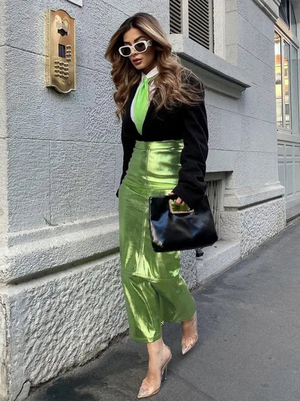 Spliced Slit Slim Fit PU Leather Maxi Skirt - xelpri