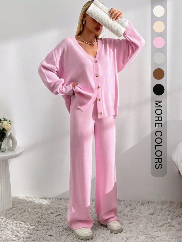 Women’s Cozy Knit Cardigan & Wide-Leg Pants Set – Relaxed Button-Up Lounge Outfit