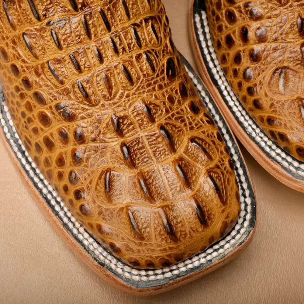 Honey Caiman Neck Leather Boots - Square Toe