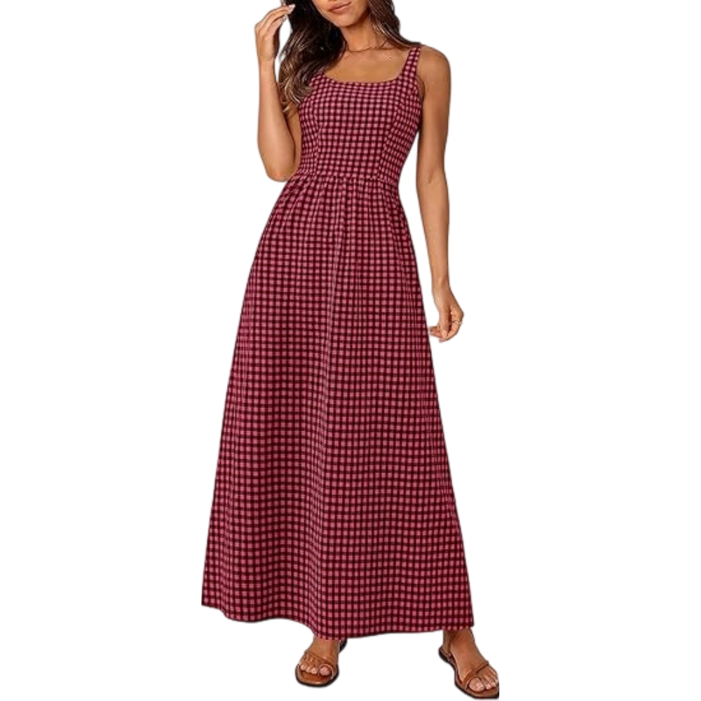 Women's Plaid Square Neck Maxi Dress, Spaghetti Strap A-Line Casual Beach Sundress