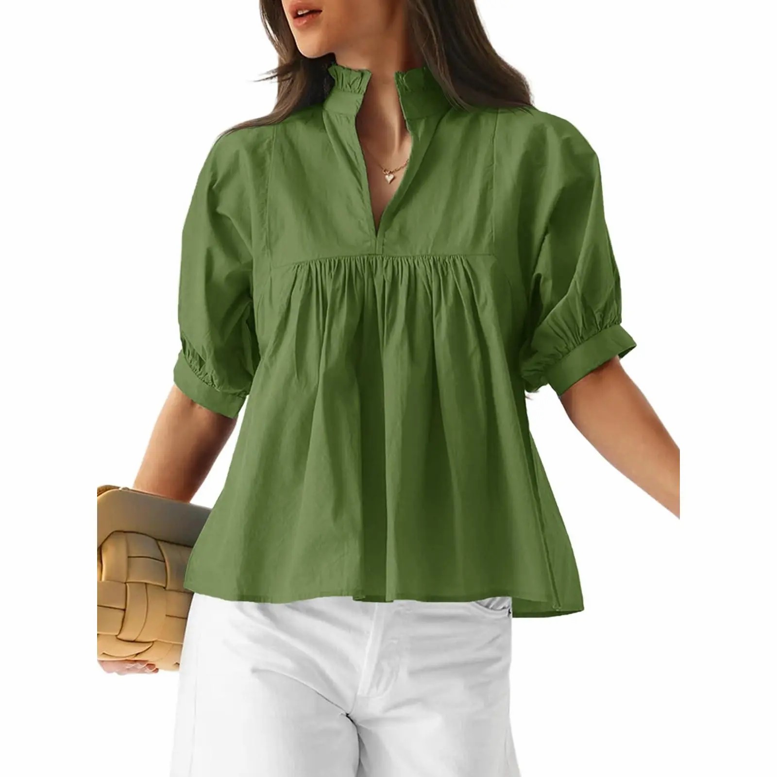 Elegant V-Neck Puff Sleeve Peplum Blouse - Versatile Dressy Casual