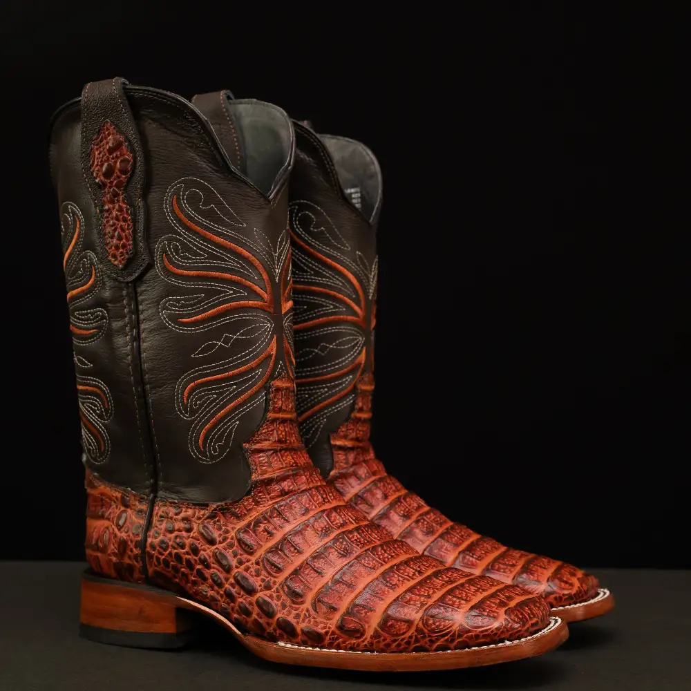 Cognac Caiman Back Leather Boots - Square Toe
