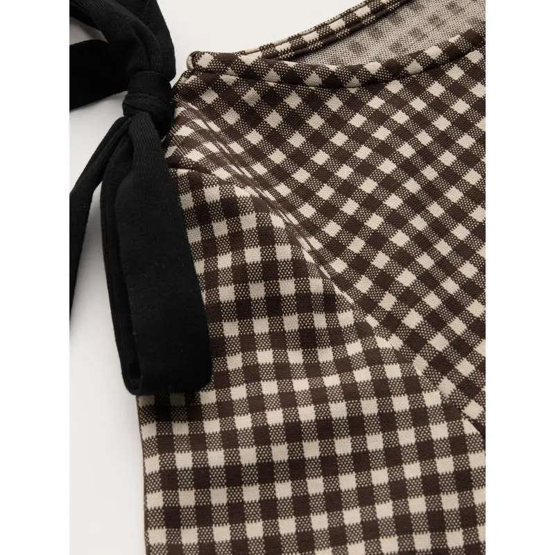 Gingham Bowknot Ruched Long Sleeve Top