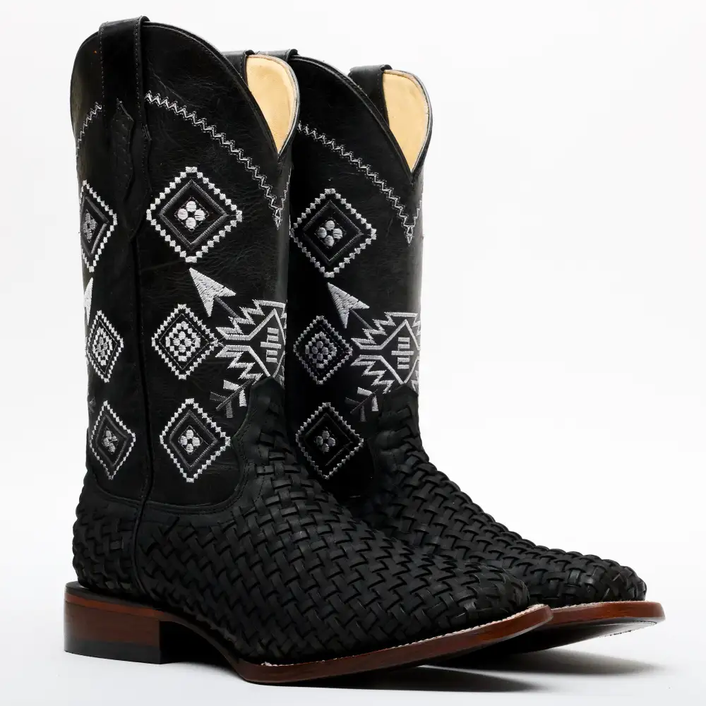 Black Basketweave Leather Boots - Square Toe