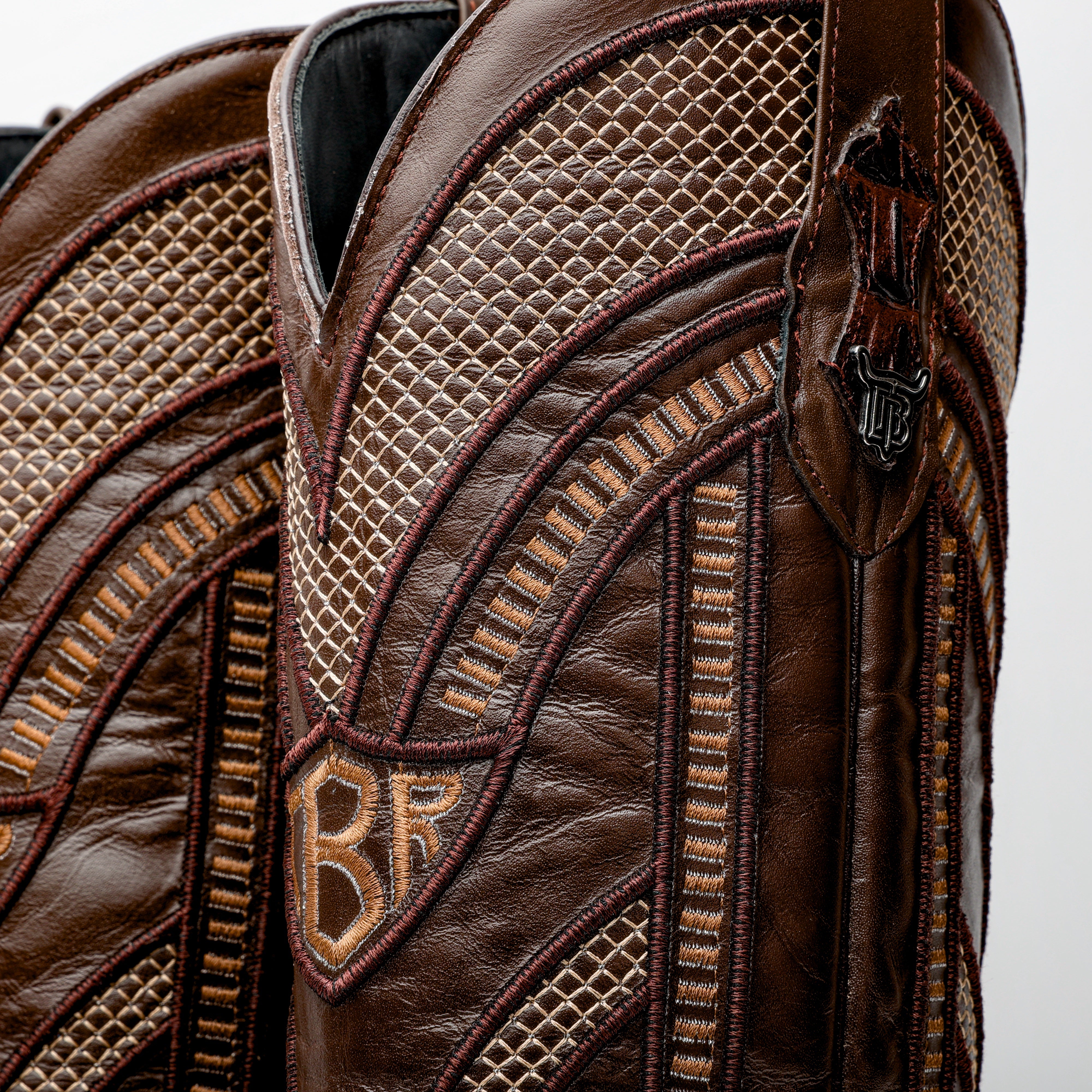 Brown Caiman Neck Leather Boots - Square Toe