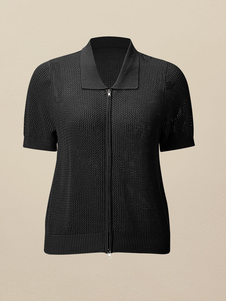 Linen & Lyocell V-Neck Short Sleeve Zipper Hollow Out Cardigan