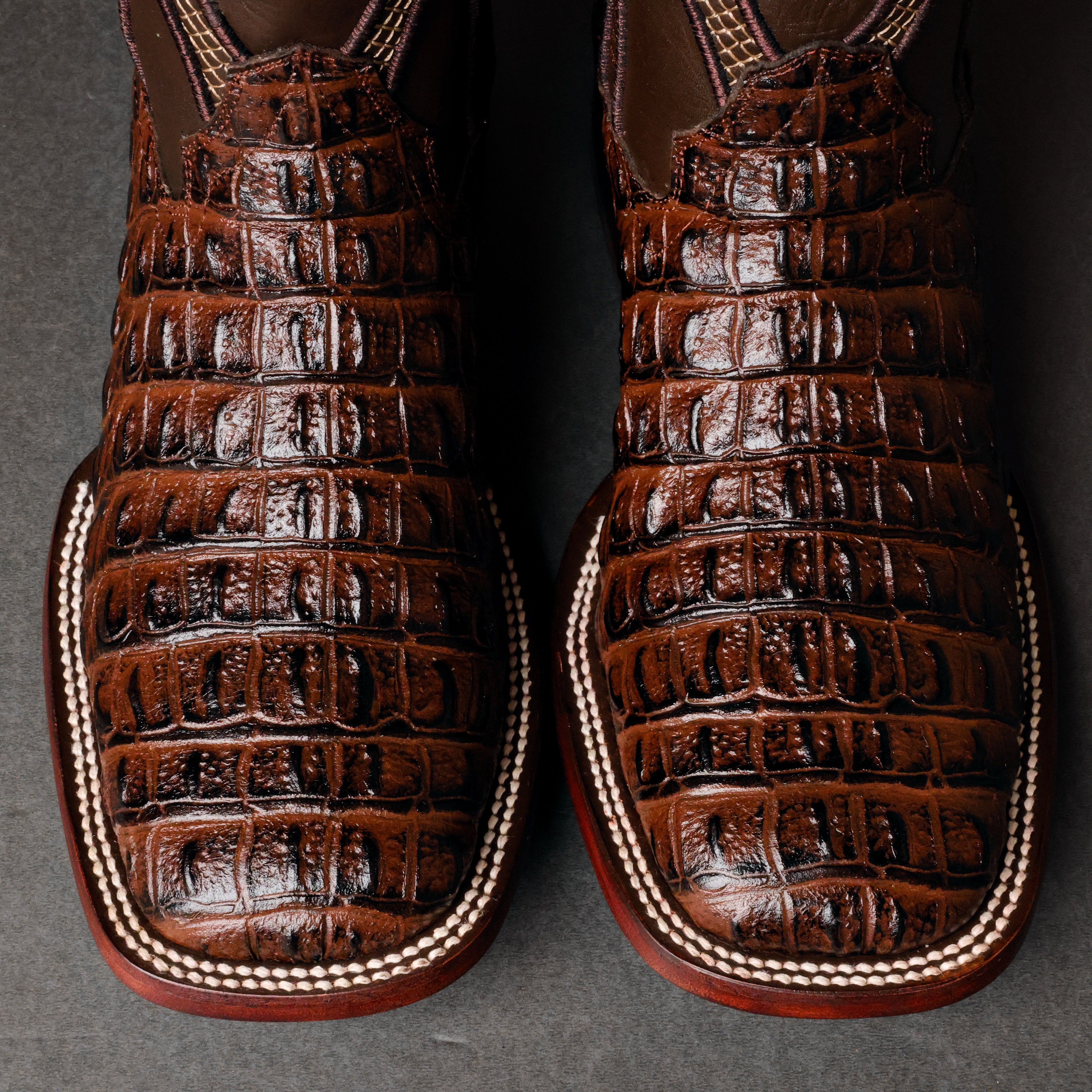 Brown Caiman Hornback Leather Boots - Square Toe