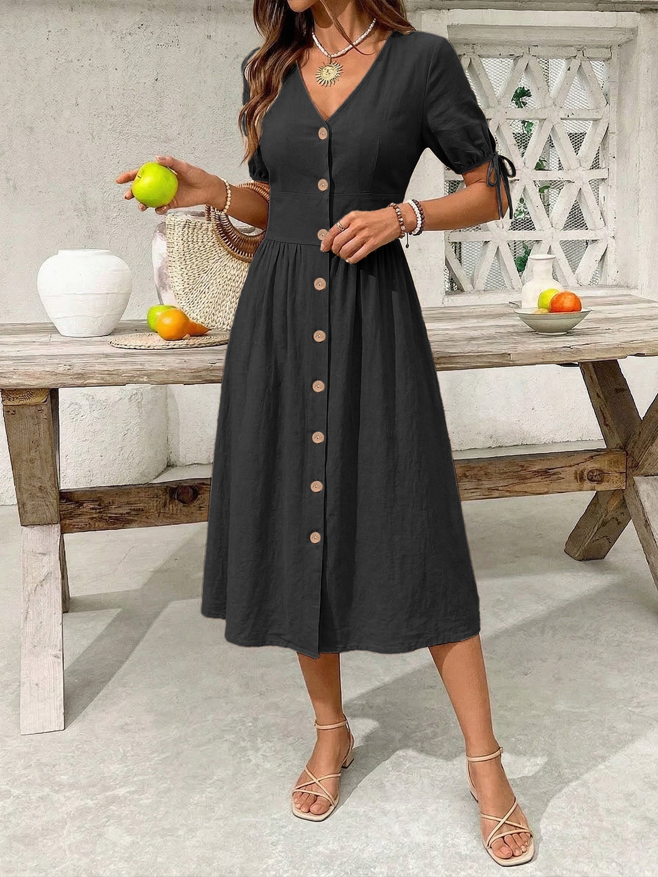 Button-Down Short Sleeve Midi Dress