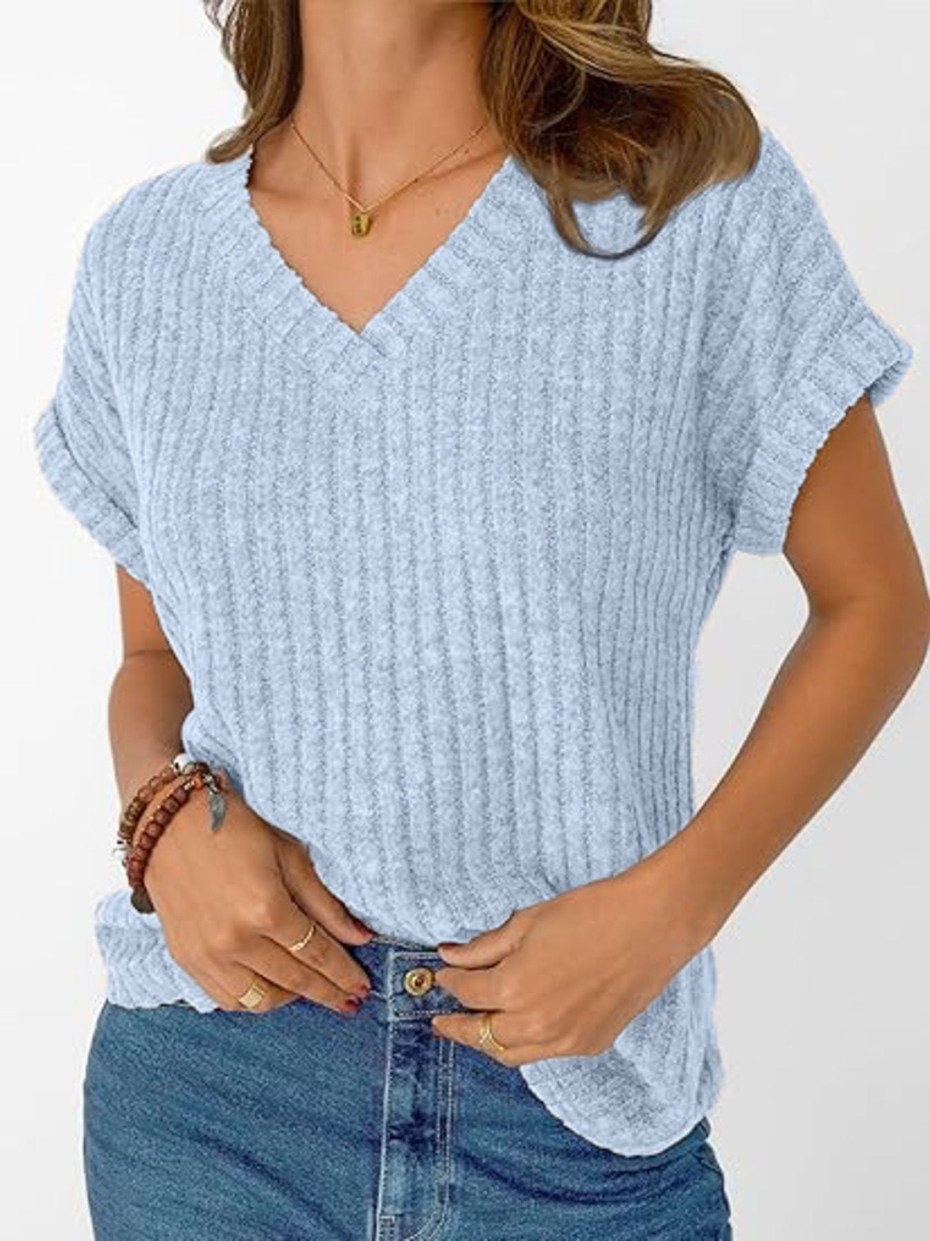 Ribbed Knit V-Neck Relaxed Fit T-Shirt