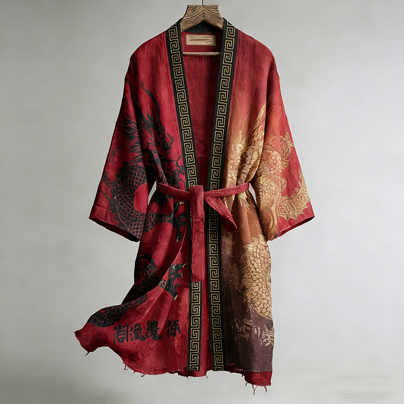 Japanese Calligraphy And Dragon Art Combined In A Linen Blend Kimono