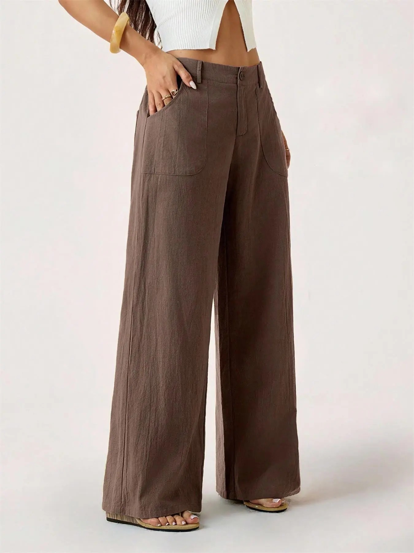 Women's Classical Linen Palazzo Pants Summer Flowy Wide Straight Leg Beach Trousers With Pocket