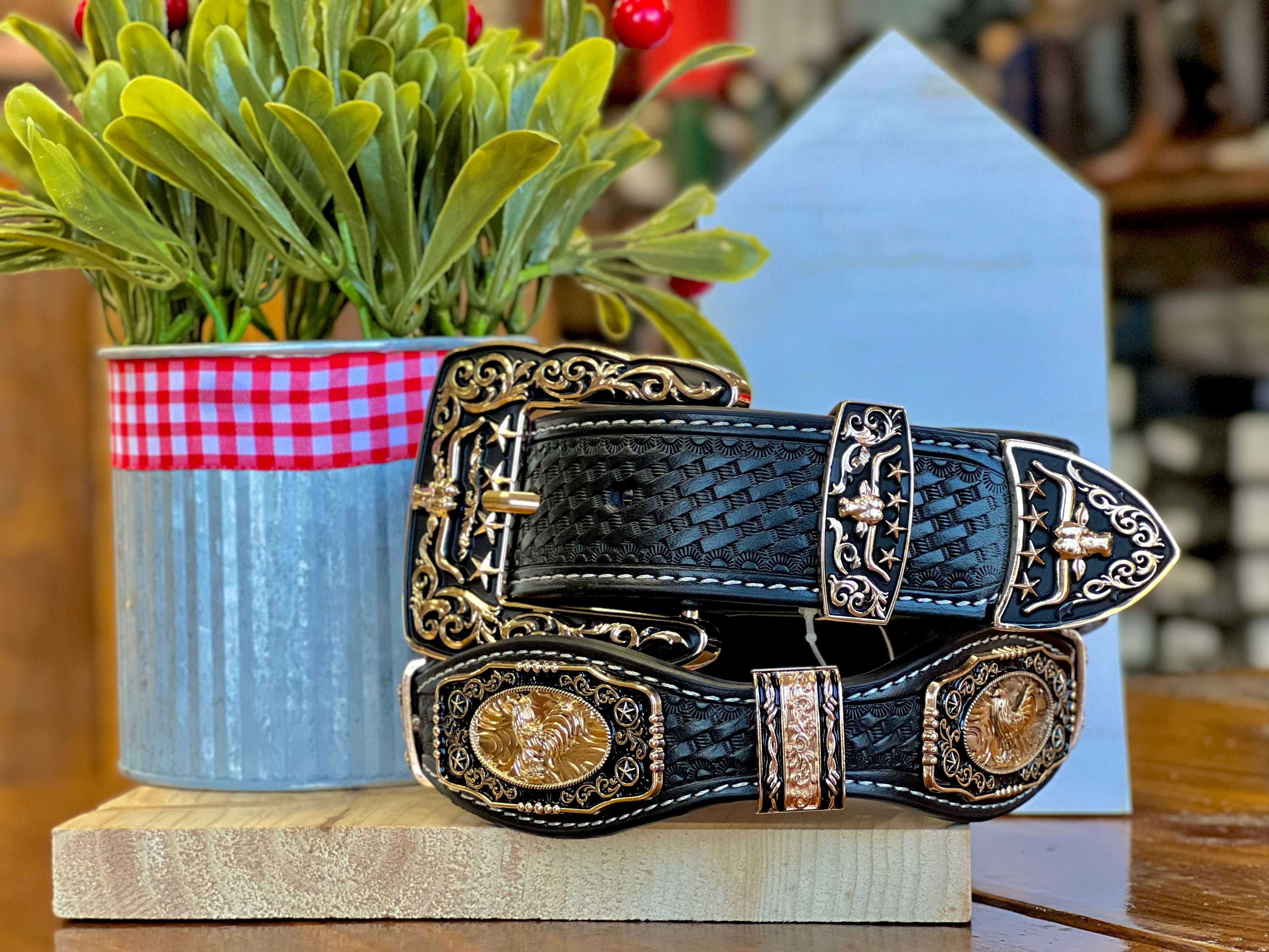 Men’s Black Leather Belt With Rooster Concho