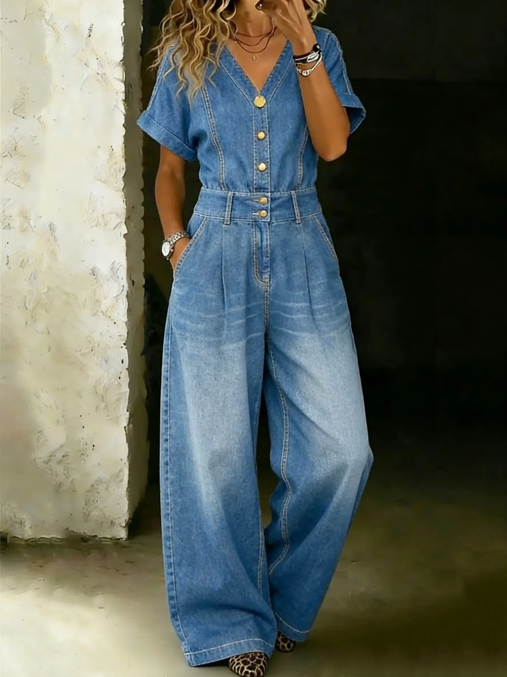 Women's Fashionable V-neck Button-down High-waisted Wide-leg Denim Jumpsuit