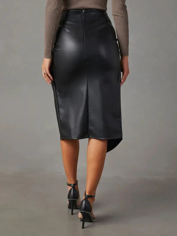 Solid Color Slit Mid-Length Butt-Covering Leather Skirt