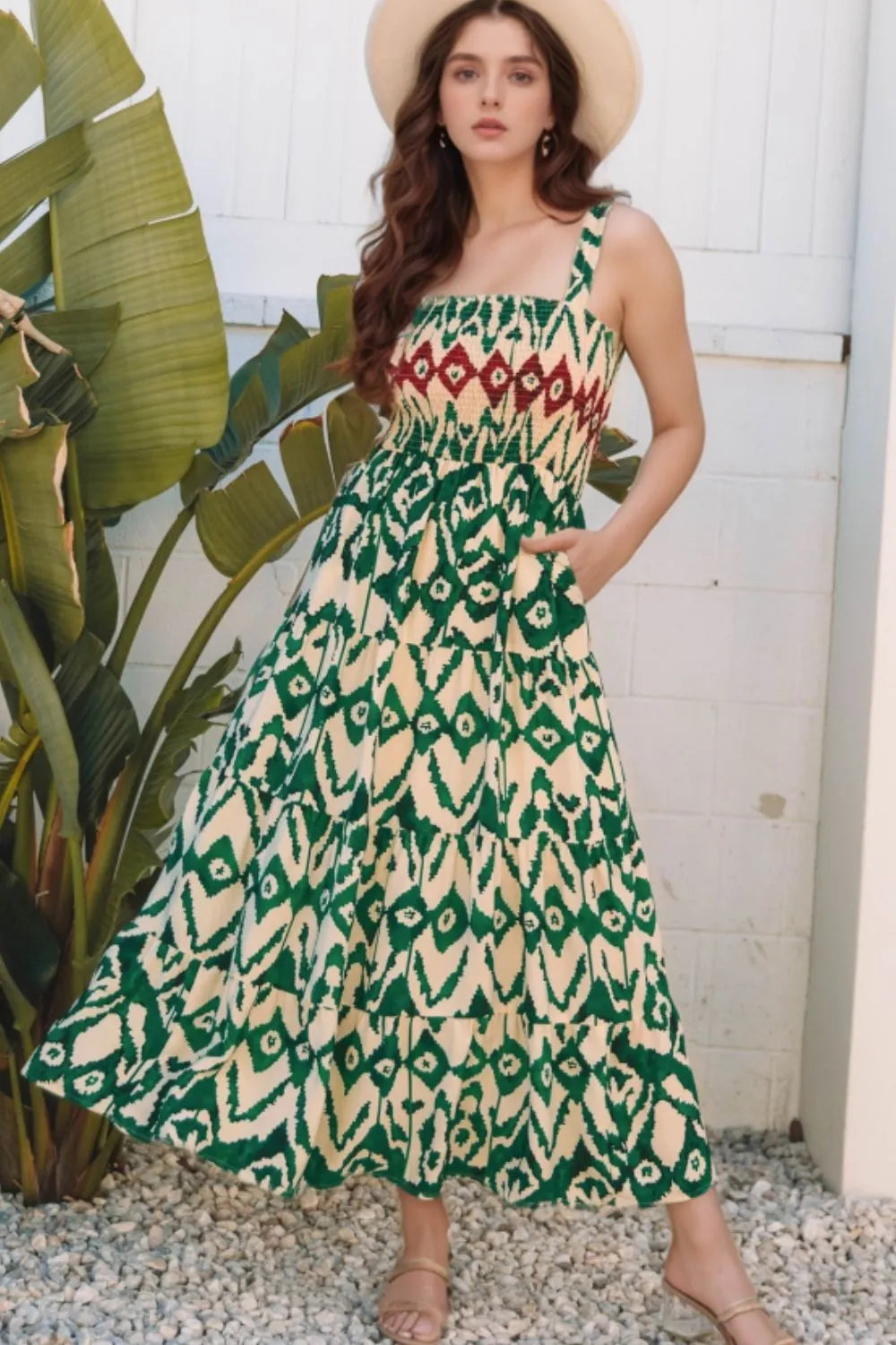 Western Aztec Shirred A-line Sleeveless Maxi Dress