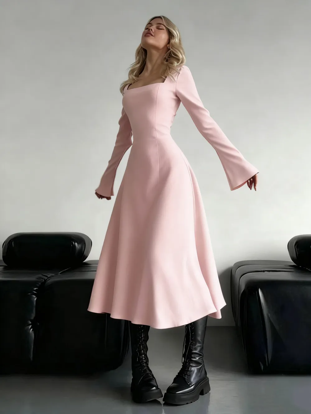 Women's Plain Lace Up Tie Back Flounce Sleeve Dress