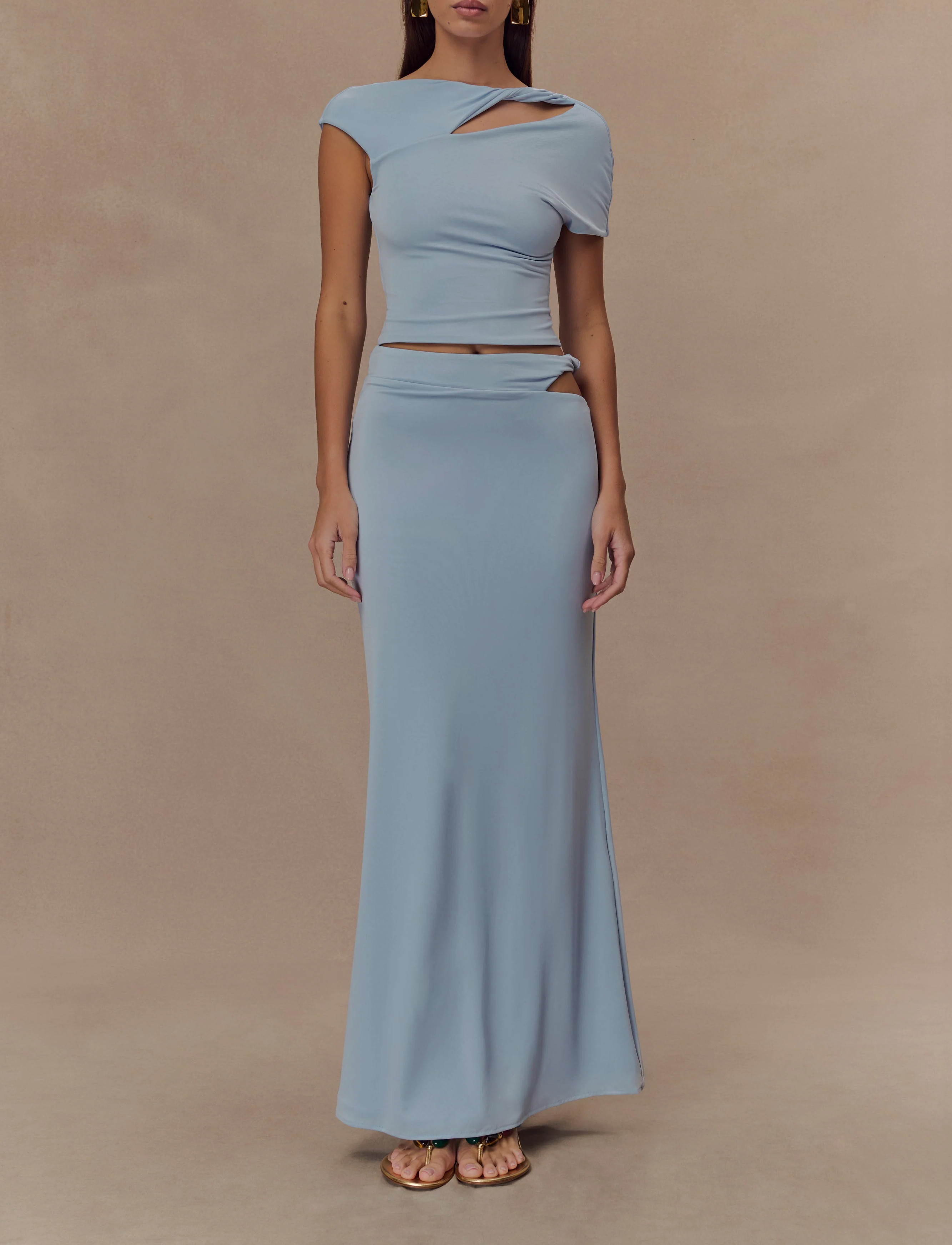 Blue Slinky Twist Midi Skirt