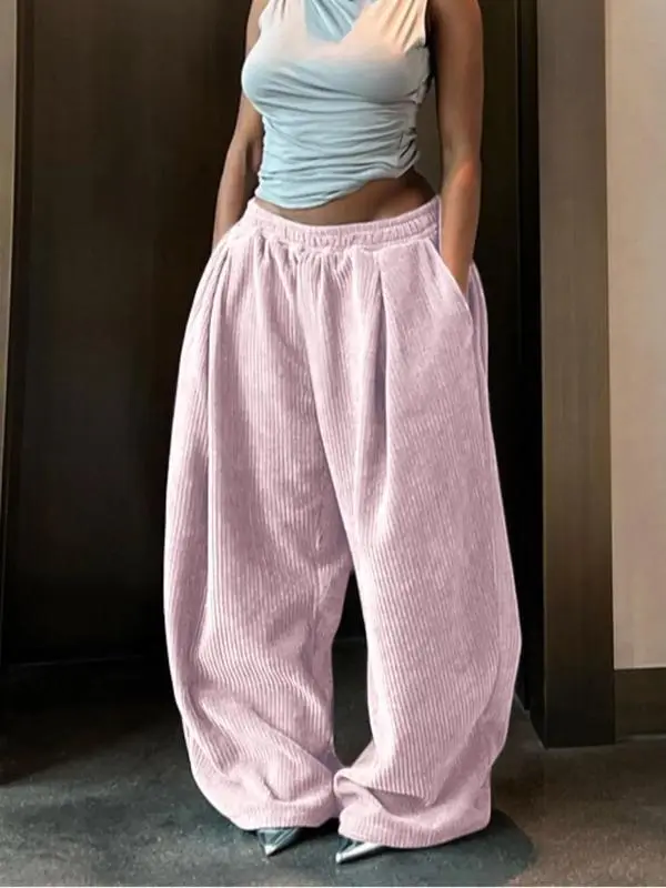 Women's Solid Drawstring High Waist Wide Leg Pants