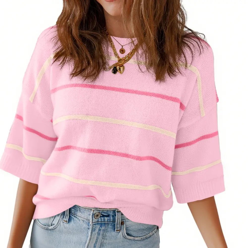 2026 Spring/Summer Women's Short Sleeve Striped Sweatshirt - Soft Breathable Fabric Crew Neck Pullover Top for Daily Wear