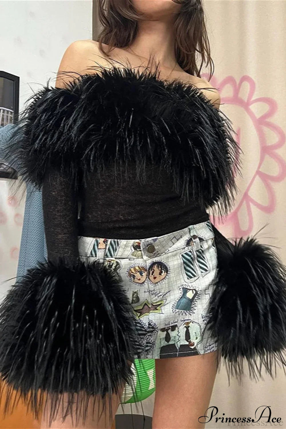 Fuzzy Trimmed Solid Short Long Sleeve Tee